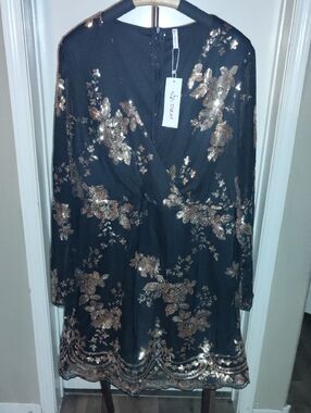 Black Sequin Floral Mini Dress - Gold Embroidery